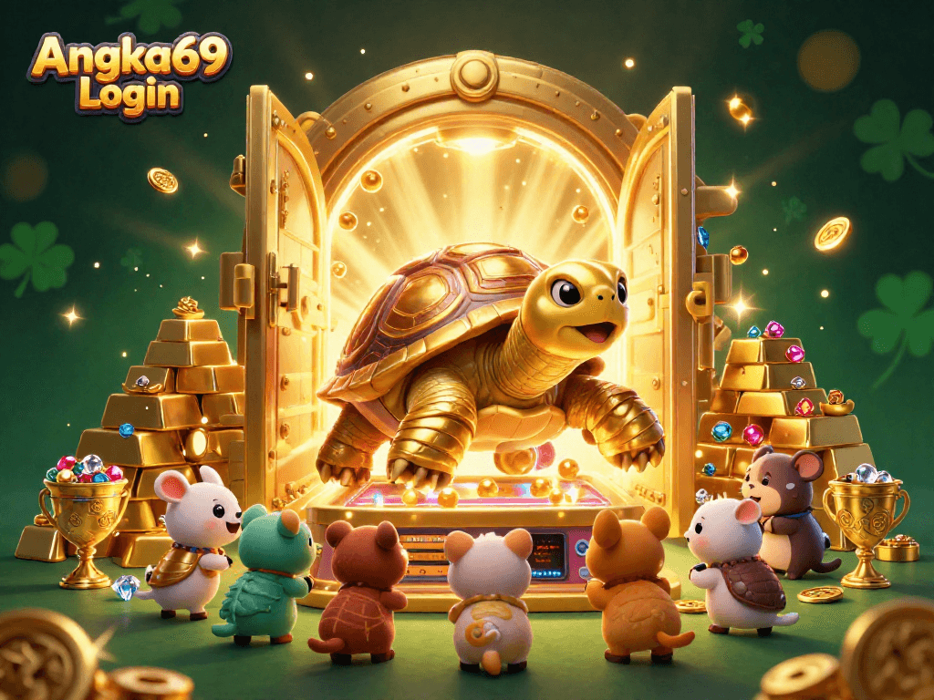 Play Angka69 Login at this enthralling casino scene with vibrant characters, gold treasures, and captivating lights.