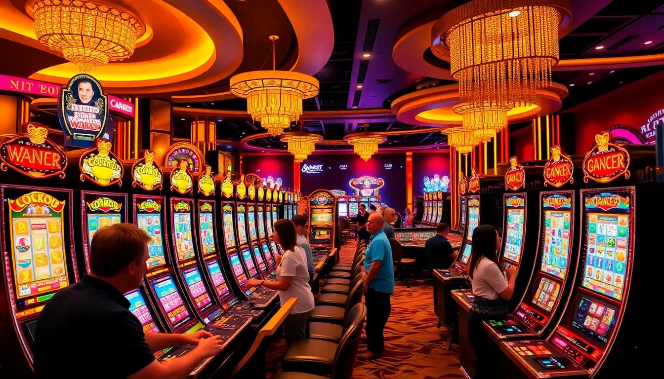 Players enjoying slot gacor machines with excitement in a vibrant casino atmosphere.