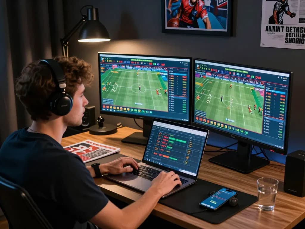 Individual engaging in online sports betting on vipwin with passionate focus on live events.