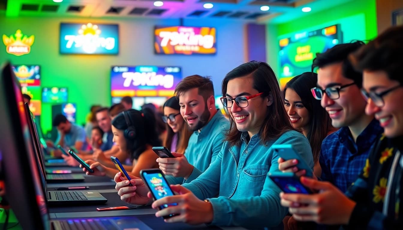 Spannende digitale Spieleszene mit Spielern, die auf den Online-Glücksspielplattformen von 79king aktiv sind.