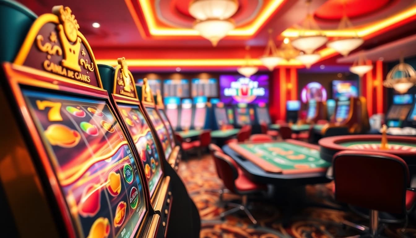 Spielen von casino online spiele in einem lebendigen virtuellen Casino-Umfeld mit bunten Spielautomaten.