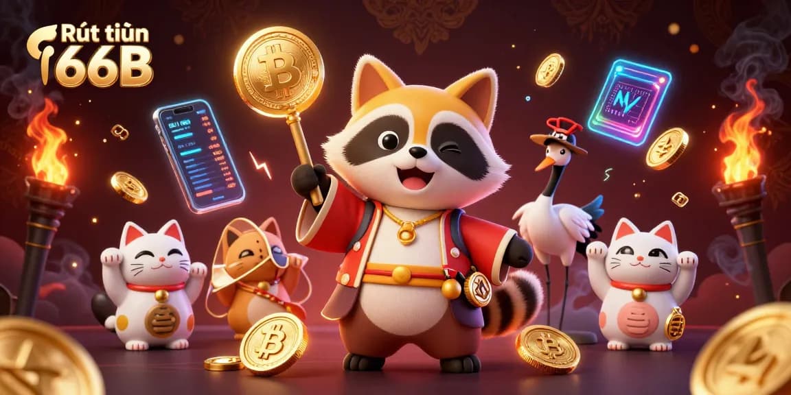 Experience the seamless process of Rút tiền 66B with a cartoon tanuki amidst crypto elements.