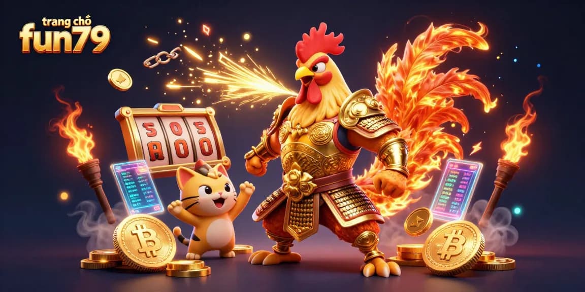 Experience thrilling games at trang chủ fun79, featuring a dynamic scene with a fighting rooster and dragon amidst casino elements.