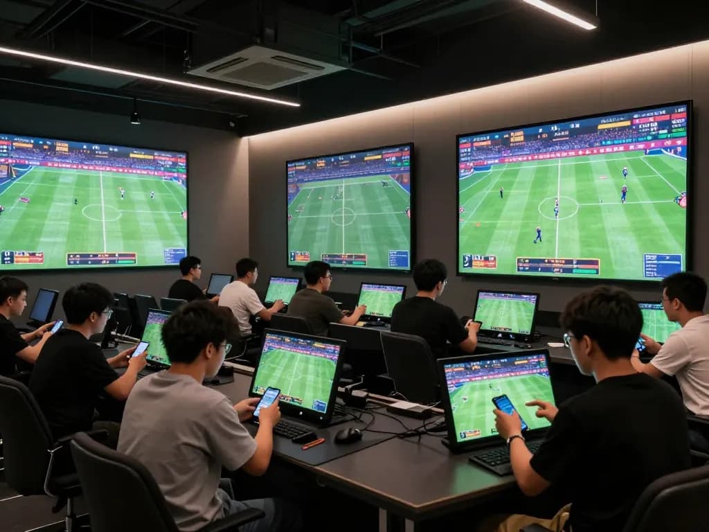 Players engaging in sports betting at nhà cái 8xbet with lively interaction and multiple screens showing games