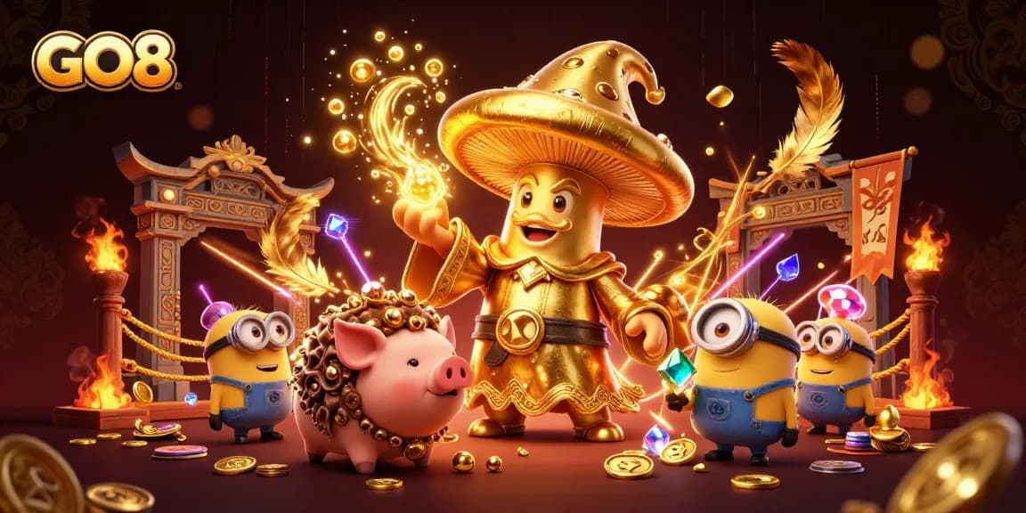 GO8's magical golden wizard conjures treasure under swirling ember lights in a vibrant online casino.