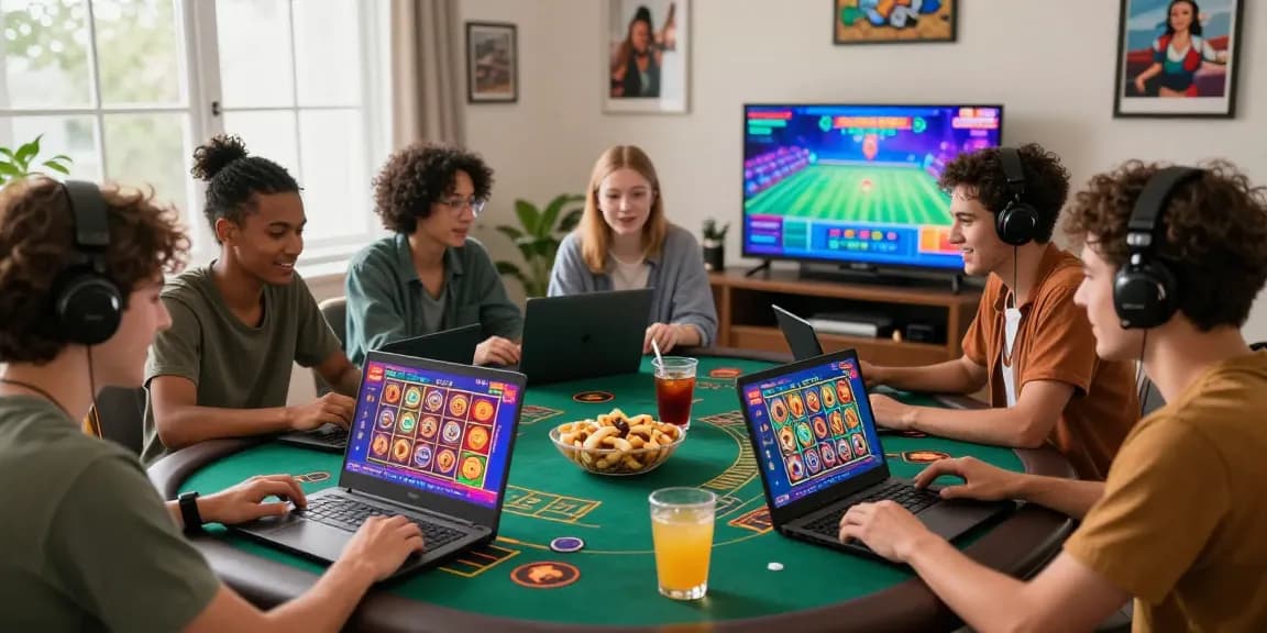 Friends enjoying an online casino game at home, reflecting the entertainment spirit of dea.org.uk.