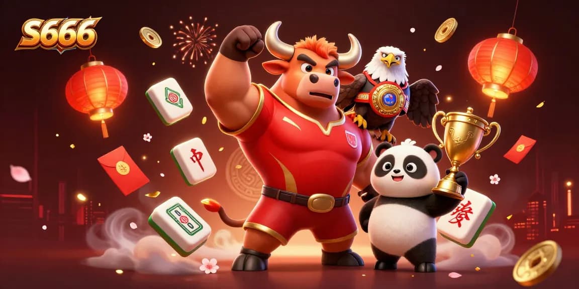 S666 brings vibrant gaming excitement with a muscular bull, eagle, and panda celebrating in a festive casino atmosphere.