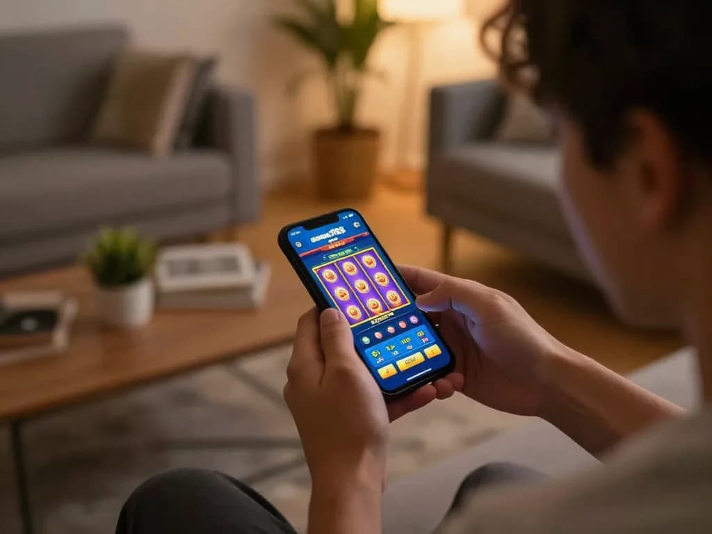 Seorang pengguna berinteraksi dengan aplikasi slot gacor aman788 di smartphone mereka, yang dikelilingi oleh lingkungan permainan rumah yang stylish.