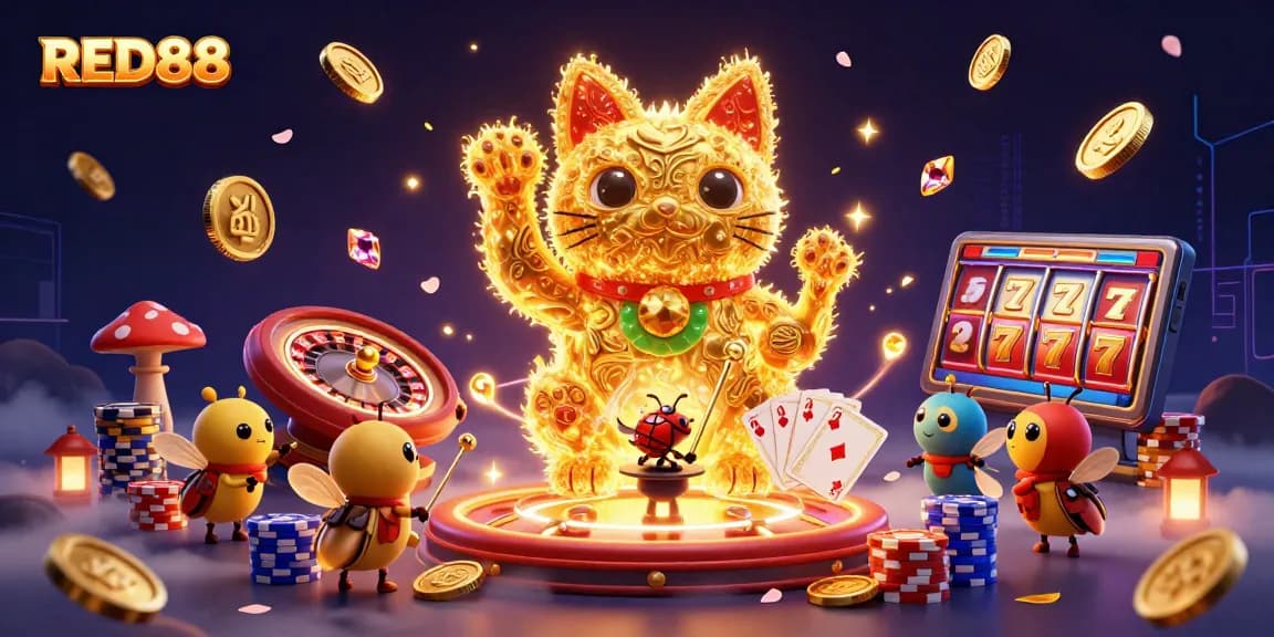 Engage in exhilarating gameplay with RED88 featuring golden symbols and casino elements.