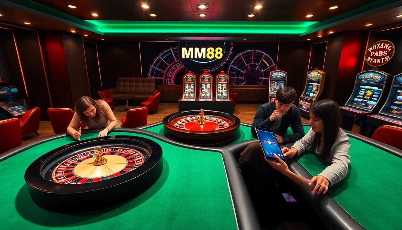MM88 online casino interface showcasing vibrant poker chips and roulette for an exciting gaming experience.