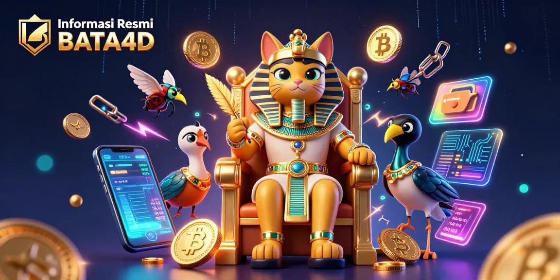 Informasi Resmi BATA4D: Kucing firaun mengendalikan permainan kasino dengan simbol menang di sekitarnya.