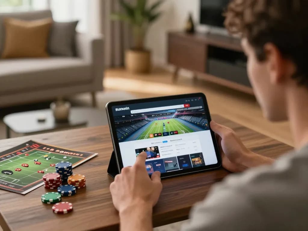 Player enjoying sunwin online casino gaming on a tablet from a cozy home environment