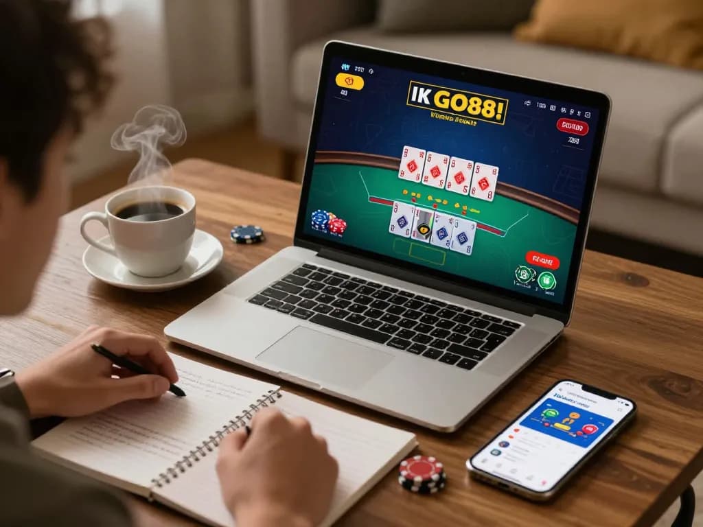 Player enjoying a live dealer game on GO88 with strategic notes in a cozy home setup.