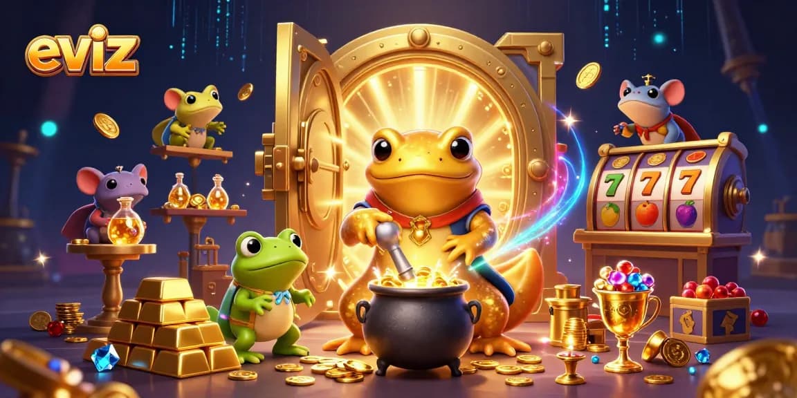 eviz captures a magical casino scene with gold transmuting alchemist surrounded by treasures and slot reels.