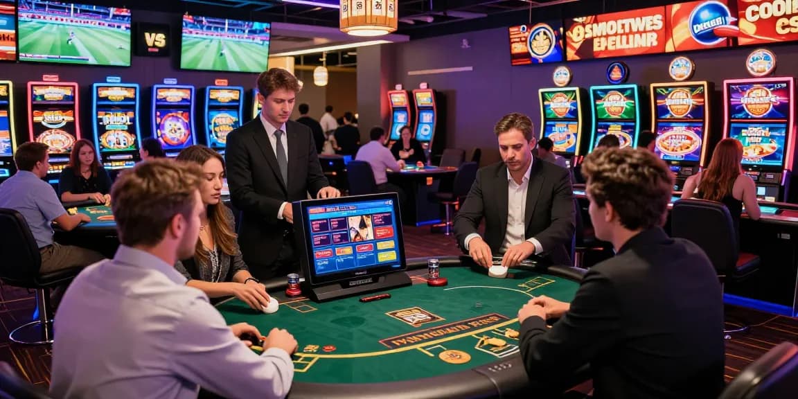 Exciting casino scene at https://open88.games/ with players enjoying various games and live sports events in a vibrant atmosphere.