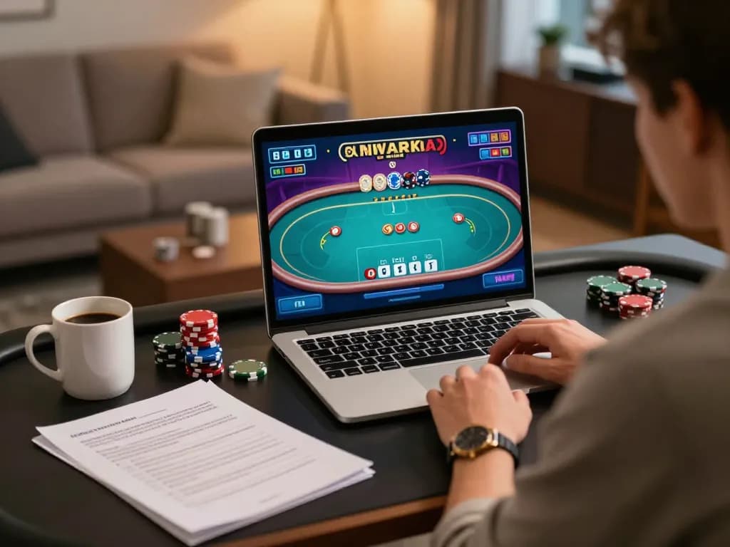 Kuwin player focusing on poker strategy at home, enjoying a vibrant online casino atmosphere