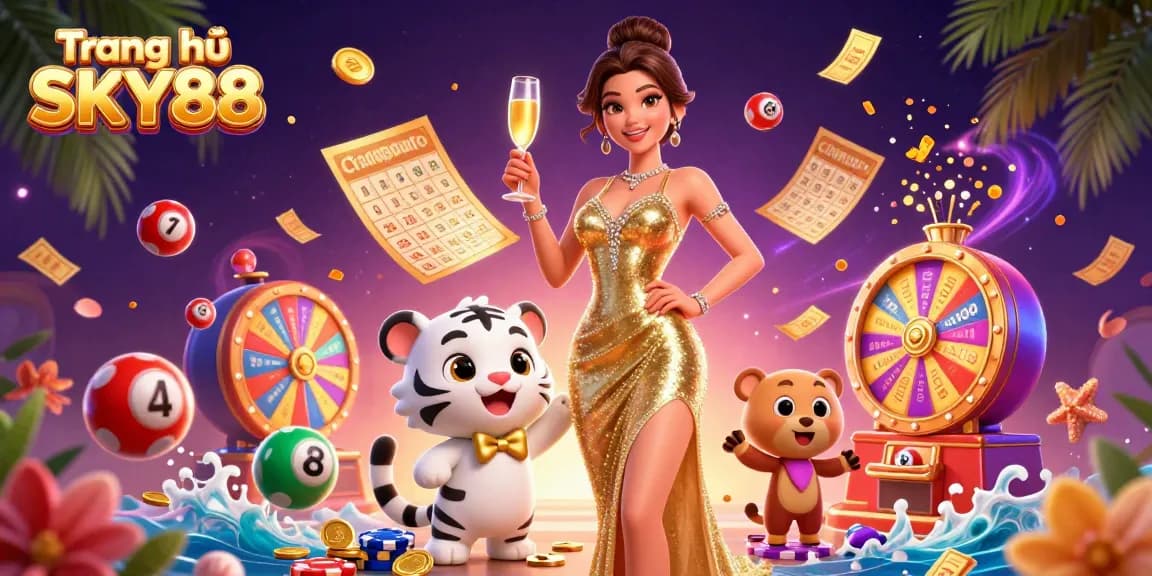 Enjoy winning strategies at Trang chủ SKY88 with a glamorous casino-themed illustration featuring poker elements.