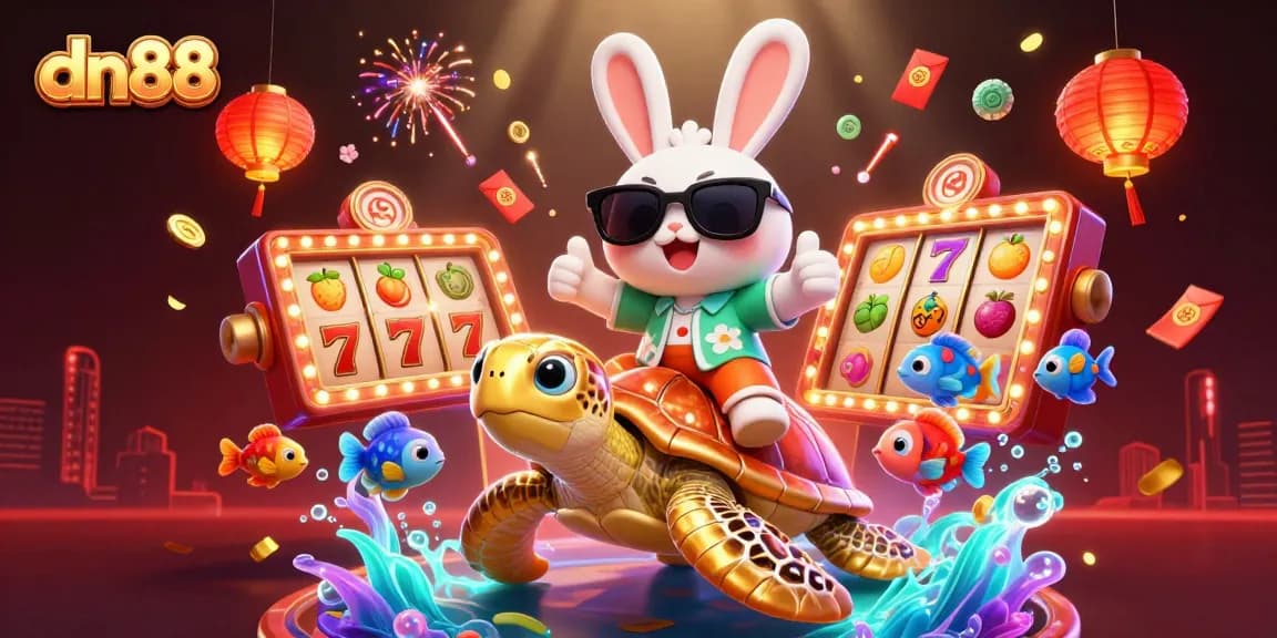 Engage with dn88's vibrant casino scene featuring lucky symbols and characters celebrating wins.
