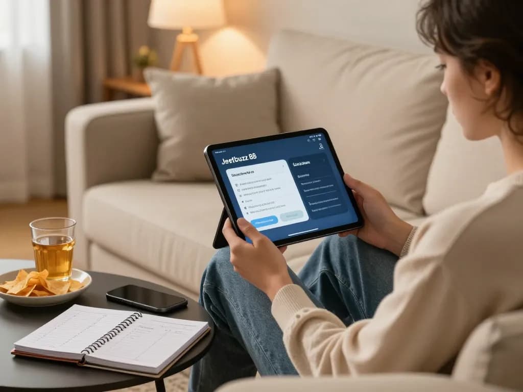 Engaging online betting moment with Jeetbuzz 88 app shown on tablet, person focused on gameplay.