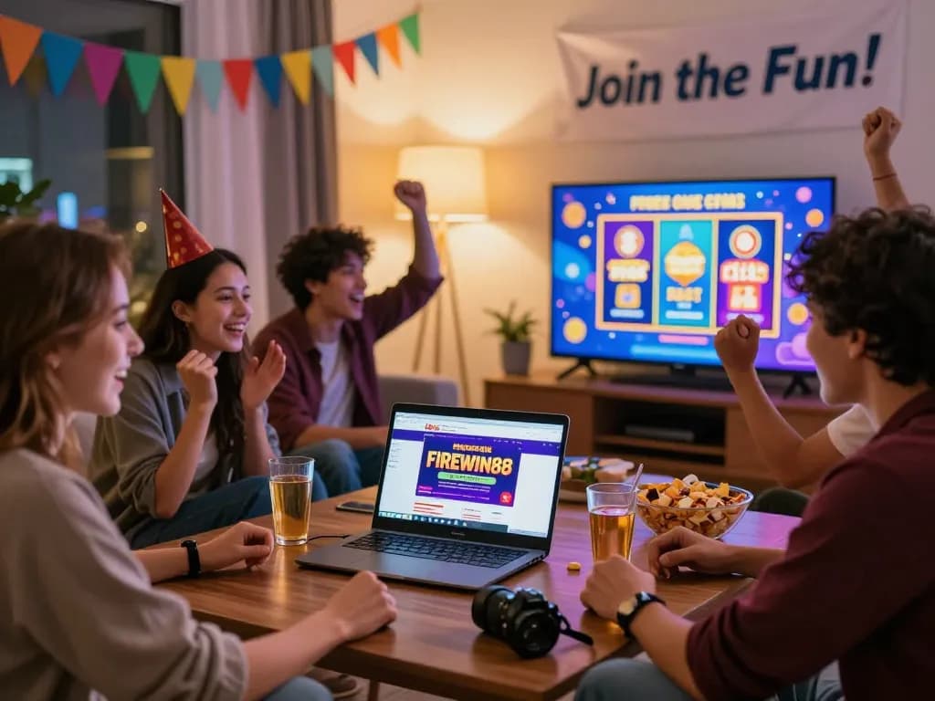 Friends celebrating while enjoying free credit 918kiss on FIREWIN88 during an exciting game night.
