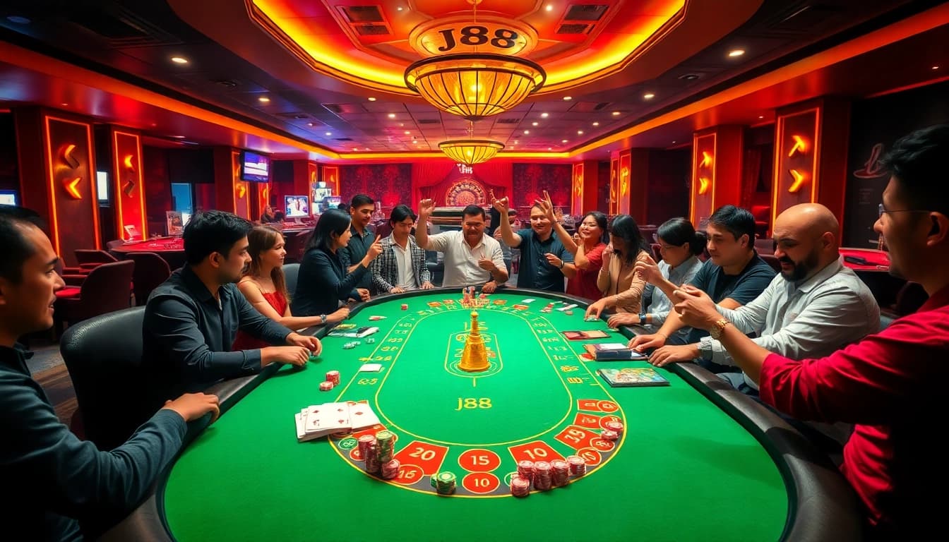 Experience the thrilling j88 casino action with vibrant poker gameplay and luxurious ambiance.