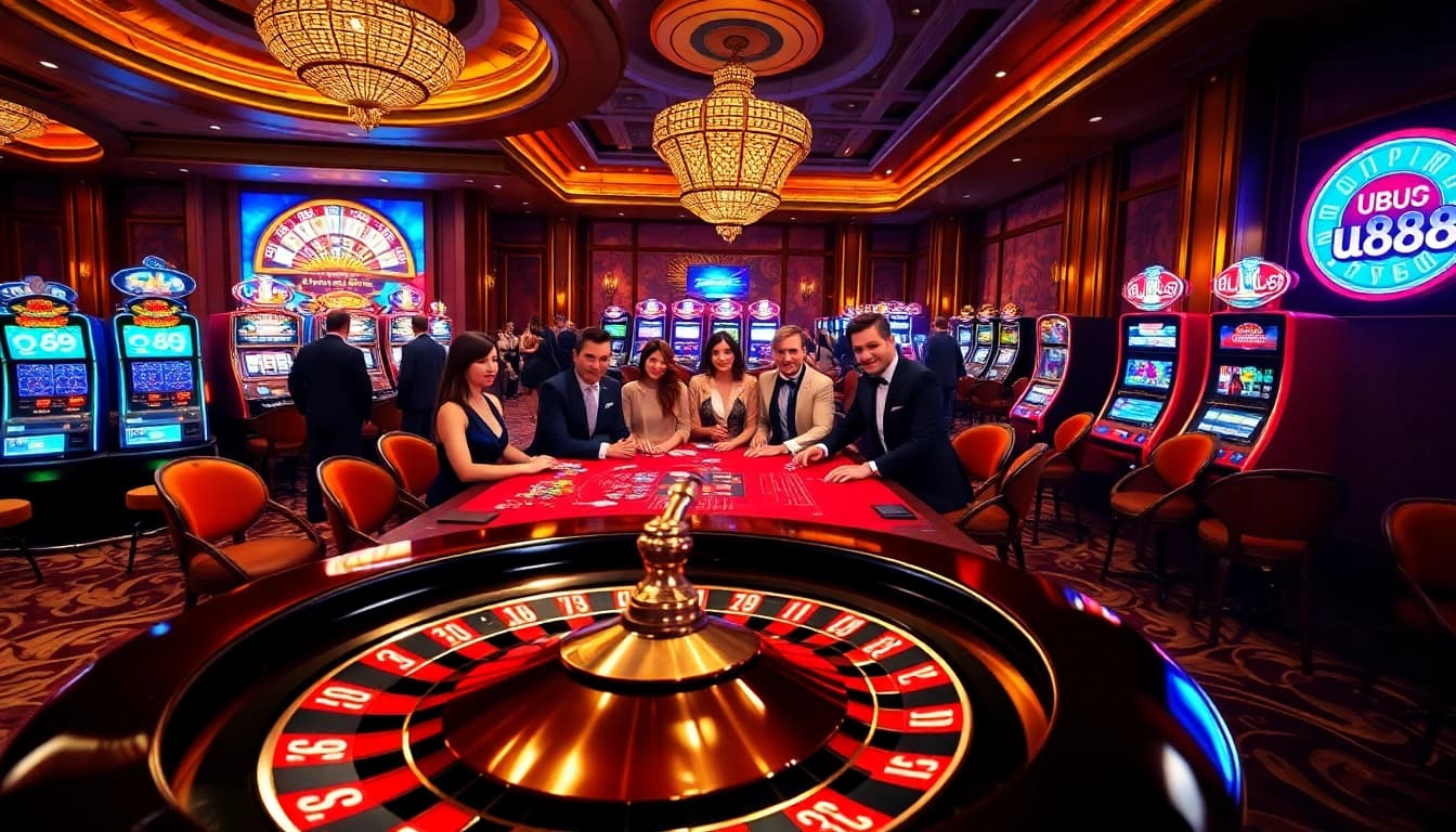 Experience the excitement of u888 with players enjoying high-stakes poker and vibrant slot machines.