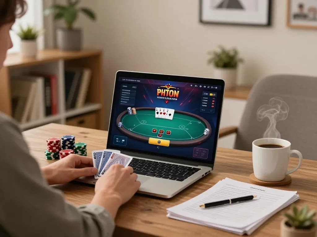 Player engaged in an online poker game using uu88 bet, showcasing strategy notes and chips for winning.