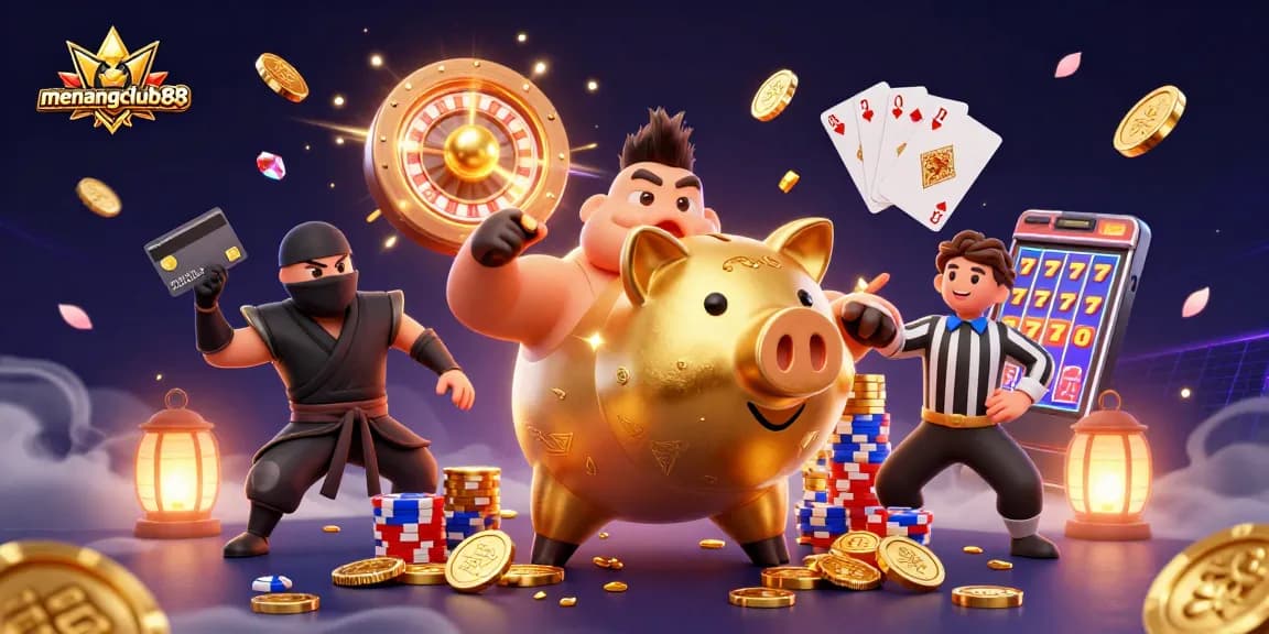 Engage with menangclub88 in an exciting 3D casino illustration showcasing lively gameplay.