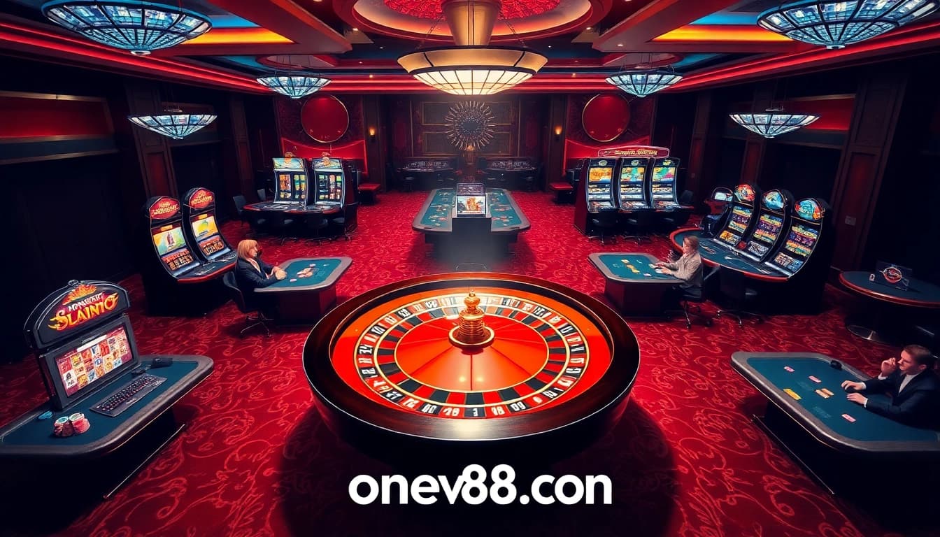 Experience thrilling wins at onew88.com with vibrant casino visuals of roulette and poker tables.