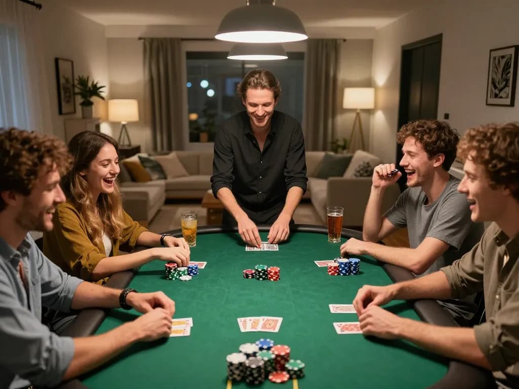 Friends enjoying poker night at home with 98win98, vibrant chips and cards visible.