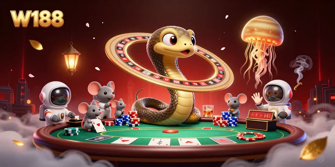 W188 offers thrilling gaming action as astronaut mice place bets around a cosmic roulette wheel.