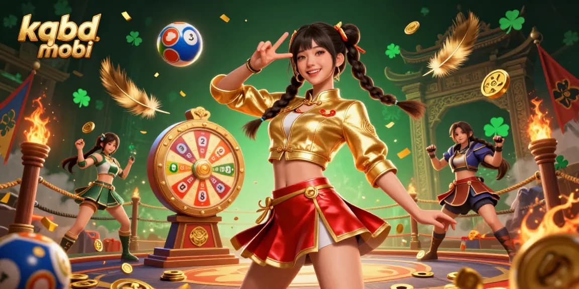 Join the excitement of kqbd mobi with a vibrant scene featuring a stunning Asian woman surrounded by colorful lottery elements.