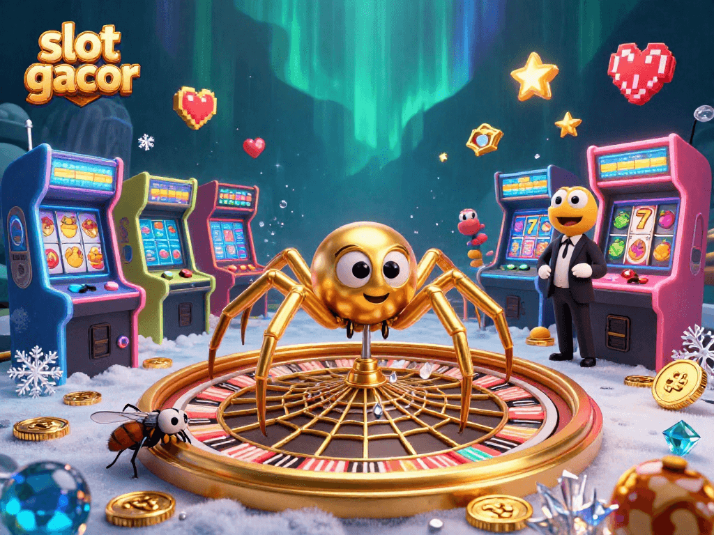 Experience vibrant slot gacor excitement with a golden spider in a dynamic casino scene.