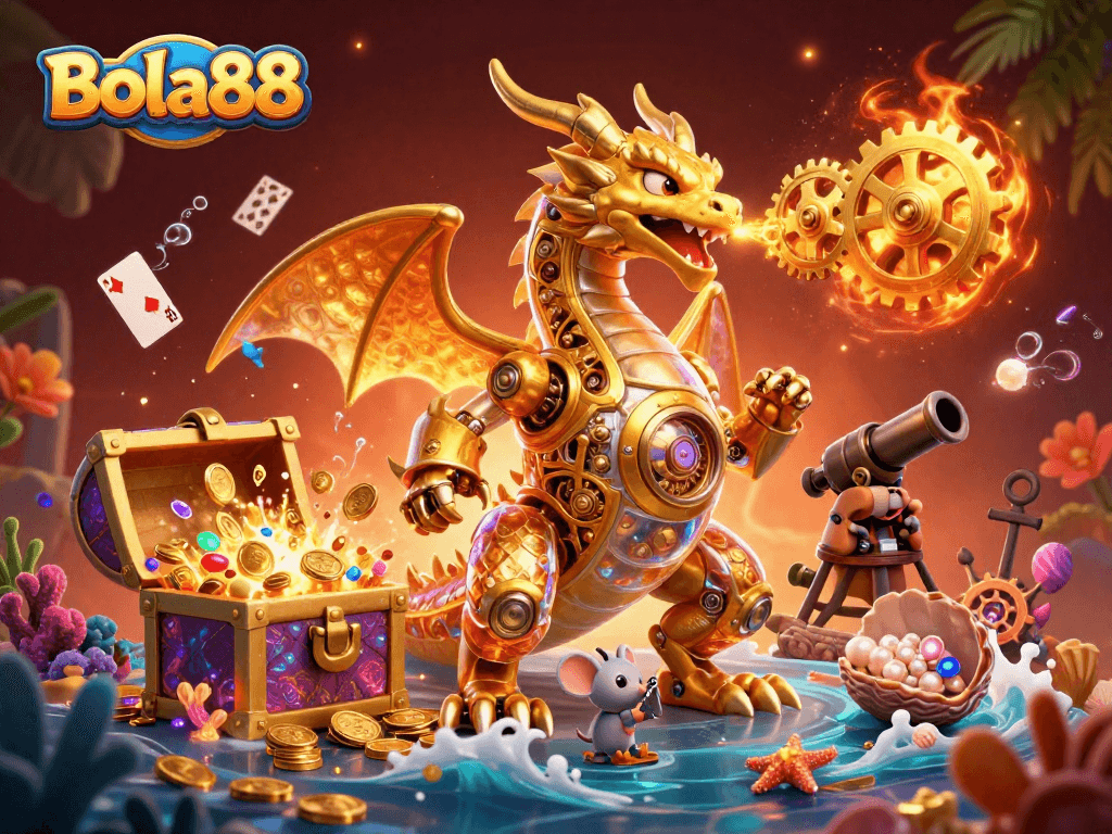 Bola88 mempersembahkan ilustrasi 3D ajaib dengan naga emas mekanikal di tengah harta karun kasino