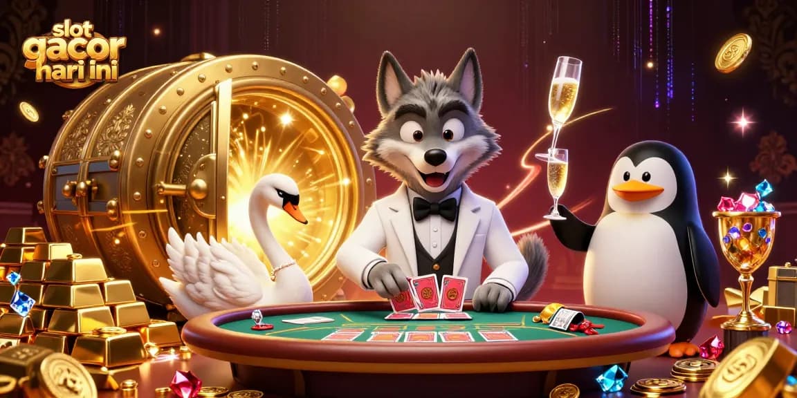 Rasakan sensasi slot gacor hari ini dengan adegan animasi yang menampilkan serigala tampan dan elemen kasino mewah.