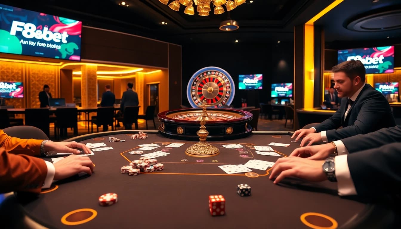 Experience intense betting action at F8bet with engaging poker players and luxurious casino elements.
