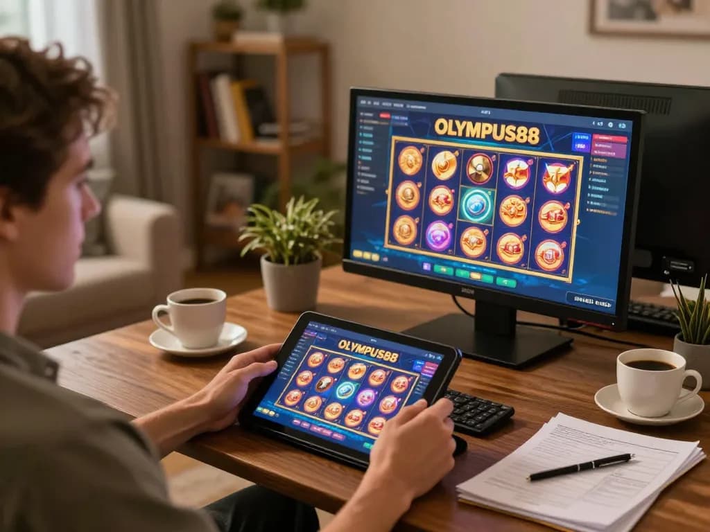 OLYMPUS88 player enjoying dynamic slot game on tablet in cozy environment