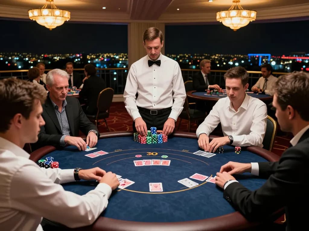 cm 88 players engaging in a high-stakes poker game surrounded by vibrant casino lights and stacked chips