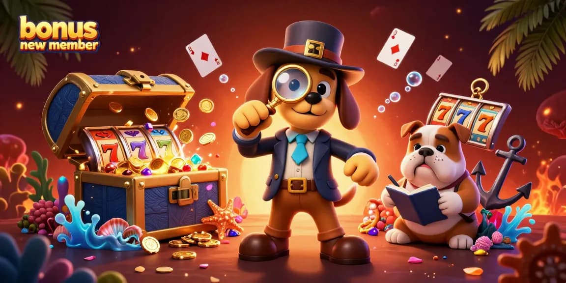 Engage with exciting slot games featuring a bonus new member promotion illustrated in a vibrant casino scene.