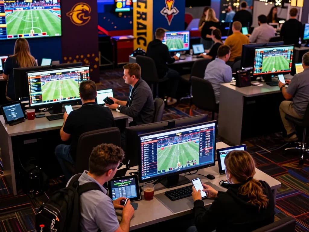 Sports fans engaging in soi keo nha cai with enthusiasm at a modern betting venue