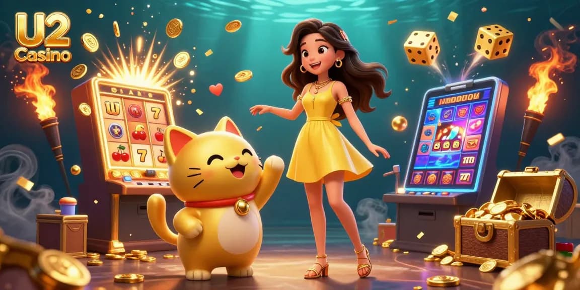 Experience the excitement of U2 Casino with a vibrant 3D illustration showcasing colorful games and interactions.