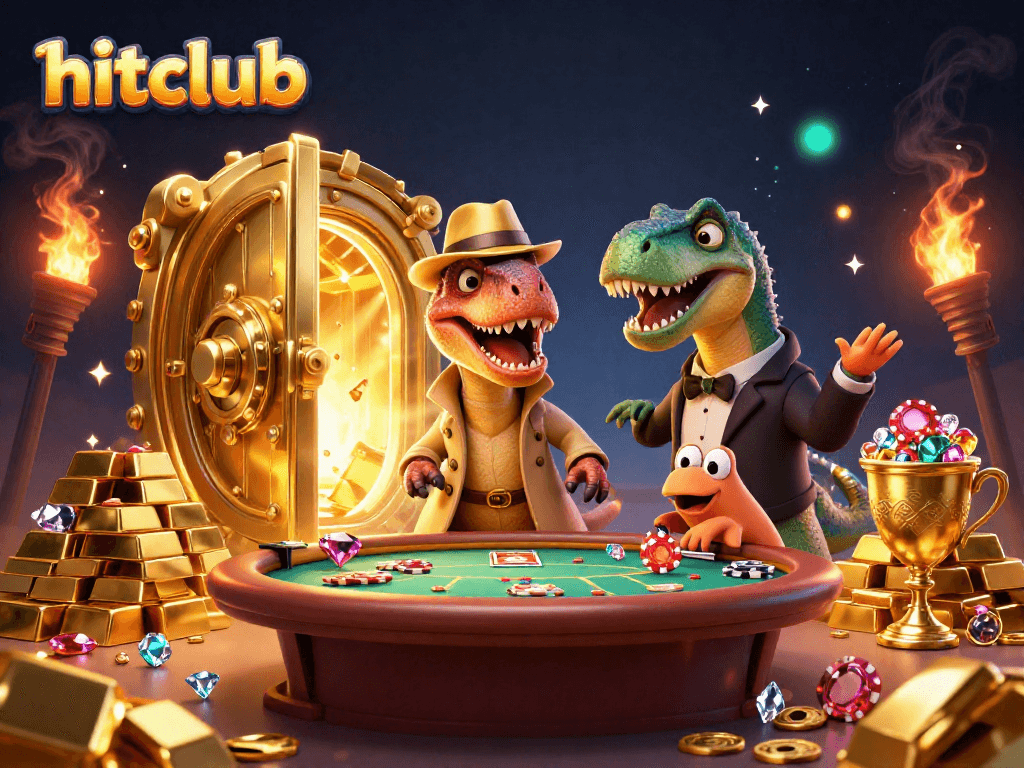 Hitclub showcases a playful 3D scene with betting velociraptors involved in a blackjack game.