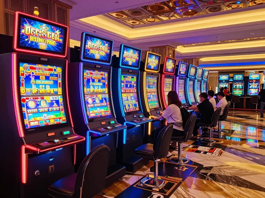Players enjoying slot machines at a vibrant casino on 5679 com, highlighting excitement and joy.