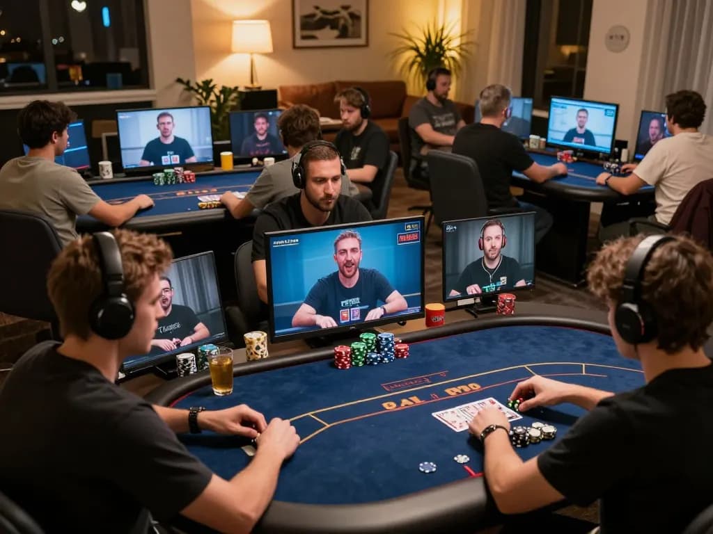 Players engaging in online poker gameplay at XX88 with dynamic digital interfaces and strategy-focused atmosphere