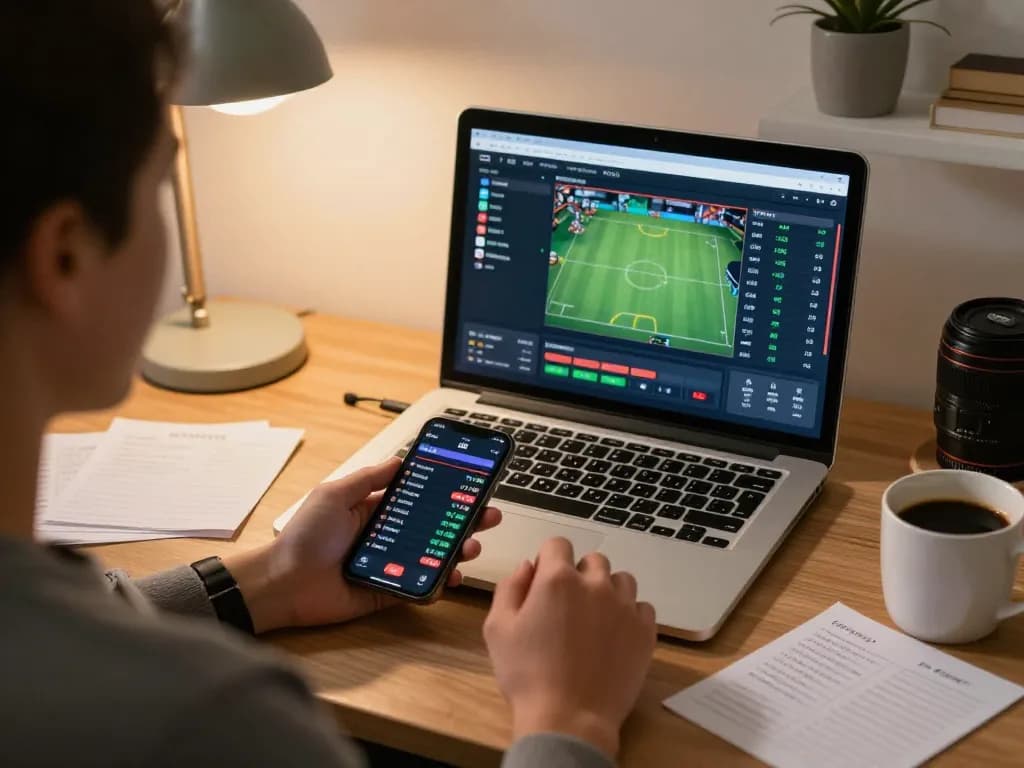 Betting on 88aa through smartphone while studying odds in home office setting.