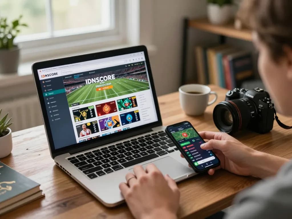 IDNSCORE online betting setup showing person using laptop and smartphone in a cozy home environment