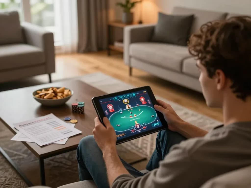 Player enjoying online poker on a tablet while strategizing with notes at home, highlighting god55 experience.