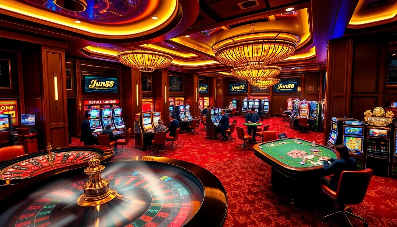 Players enjoying thrilling games at Jun88 casino, featuring vibrant slot machines and poker tables.