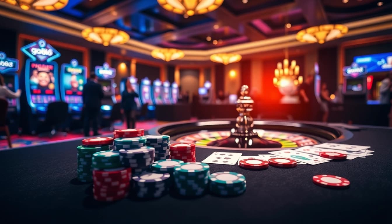 Players engaging with go88’s exciting casino table and slot machines in a vibrant setting.