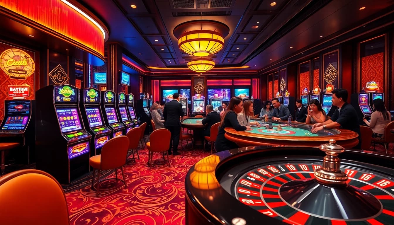 Experience the luxury of Batman138, showcasing an engaging casino scene with exciting slot machines and poker tables.